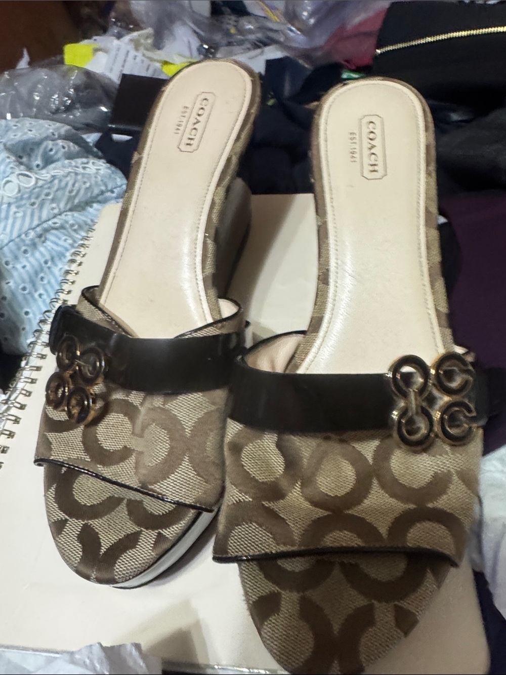 COACH Brown Signature Logo Slide Mules with Metal Logo Accent
